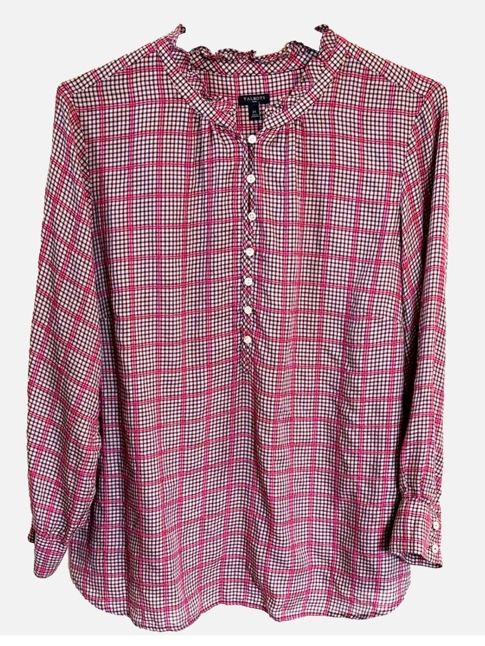 Talbots Plus 2X Plaid Popover Blouse Pink Ruffle Neck Long Sleeve